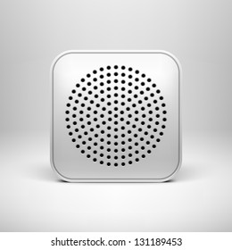 White technology app icon (button) blank template with circle perforated speaker grill texture, realistic shadow and light background for sites, web user interfaces (UI) and applications (apps).