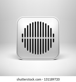 White technology app icon (button) blank template with circle perforated speaker grill texture, realistic shadow and light background for sites, web user interfaces (UI) and applications (apps).