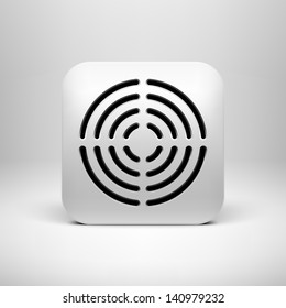 White technology app icon (button) template with circle perforated speaker grill pattern (texture ), realistic shadow and light background user interfaces (UI), applications (apps) and presentations.
