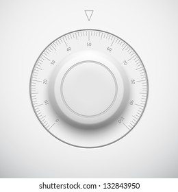 White technology music button (volume settings banner, sound control knob) with scale, realistic shadow light background for internet sites, web user interfaces (UI) and applications (app). Vector.