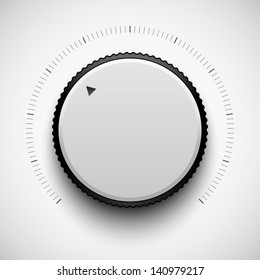 White technology music button (volume settings banner, sound control knob) with realistic shadow light background for internet sites, web user interfaces (UI) and applications (apps). Vector design.