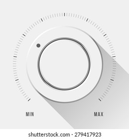 White technology music button, volume knob with flat designed shadow, range scale and light background for internet sites, web user interfaces, UI, applications, apps. Vector illustration.