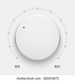 White technology music button, volume knob with realistic designed shadow, range scale and light background for internet sites, web user interfaces, UI, applications, apps. Vector illustration.