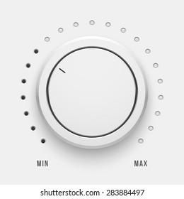 White technology music button, volume knob with realistic designed shadow, range scale and light background for internet sites, web user interfaces, UI, applications, apps. Vector illustration.