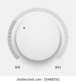 White technology music button, volume knob with realistic designed shadow, range scale and light background. Vector illustration.