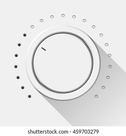 White technology music button, volume knob with flat designed shadow, range scale and light background for internet sites, web user interfaces, applications, apps. Vector illustration.