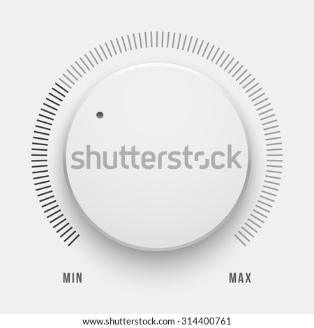 White technology music button, volume knob with realistic designed shadow, range scale and light background. Vector illustration.