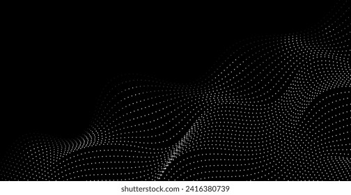 White Technology Waves Pattern Abstract On Black Background. Particle. Vector Illustration