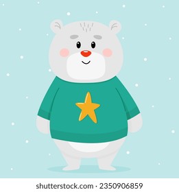 White teddy bear in a Christmas sweater on a blue background