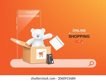 A white teddy bear emerges from a parcel box with a black credit card leaning on it and is holding a shopping bag in hand. and has a clear glass smartphone on the back for online shopping concept