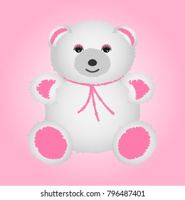 White teddy bear with pink paws. Vector soft toy.