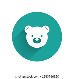 White Teddy bear plush toy icon isolated with long shadow. Green circle button. Vector Illustration