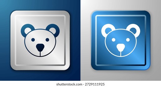Icono de juguete de peluche de oso de peluche blanco aislado sobre fondo azul y gris. Botón cuadrado plateado y azul. Vector