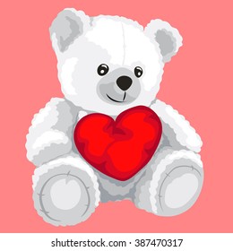 White Teddy bear with red heart. Vector illustration.