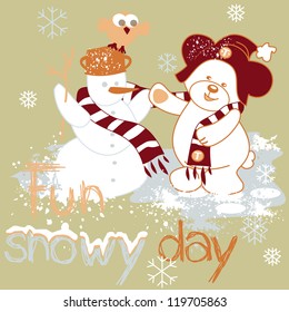 white teddy bear and a snowman - isolated Vector Illustrations