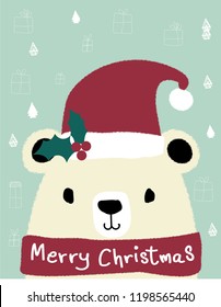 white teddy bear wears red santa clause hat, merry Christmas card 