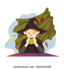white teenage girl with red hair freckles in a witch costume holds a hot drink in her hands from which steam is coming, against the background of a fluttering curtain and autumn leaves fly