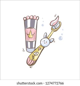 White teeth character toothpaste and baby brush, crown, Princess, Bunny