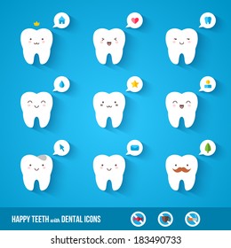 White teeth and flat dental icons. Cute vector characters. Illustration for children dentistry about toothache and treatment.