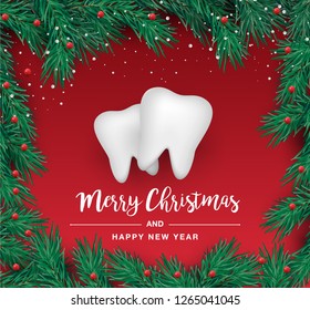 White teeth icons in the shape of a Christmas tree on a red background. Vector elements for New Year. Vector illustration