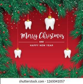 White teeth icons in the shape of a Christmas tree on a red background. Vector elements for New Year. Vector illustration