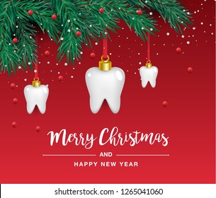 White teeth icons in the shape of a Christmas tree on a red background. Vector elements for New Year. Vector illustration