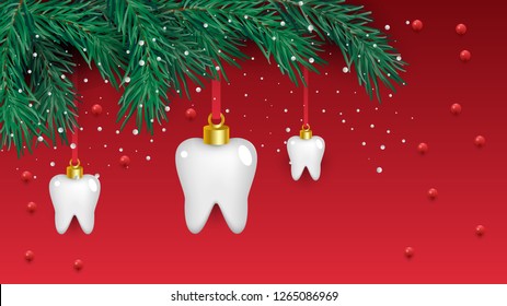 White teeth icons in the shape of a Christmas tree on a red background. Vector elements for New Year. Vector illustration
