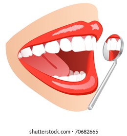 white teeth mouth with dental mirror - vector illustration