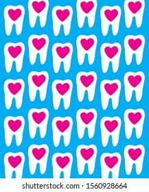 White teeth on blue background. Dental vector pattern. Molars with pink hearts inside