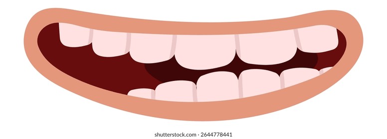 White teeth and pink gums are framed by light pink lips, forming a wide, cheerful smile, suggesting happiness, joy, and good dental hygiene