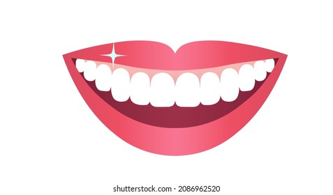 White teeth and pink lips, a smiling mouth of a Young woman. Dental concept, veneers, teeth whitening. Copy space. Vector illustration