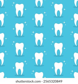 White teeth with sparkles on blue background. Vector seamless pattern. Dental health and cleanliness.