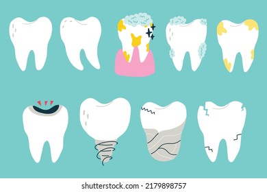 Сollection of white teeth in various states. Isolated clipart in doodle, cartoon, flat style on blue background