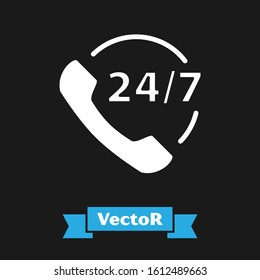 White Telephone 24 hours support icon isolated on black background. All-day customer support call-center. Full time call services.  Vector Illustration