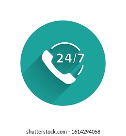 White Telephone 24 hours support icon isolated with long shadow. All-day customer support call-center. Full time call services. Green circle button. Vector Illustration