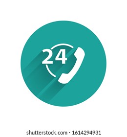 White Telephone 24 hours support icon isolated with long shadow. All-day customer support call-center. Full time call services. Green circle button. Vector Illustration