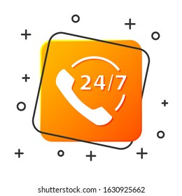 White Telephone 24 hours support icon isolated on white background. All-day customer support call-center. Full time call services. Orange square button. Vector Illustration