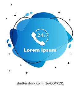 White Telephone 24 hours support icon isolated on white background. All-day customer support call-center. Full time call services. Abstract banner with liquid shapes. Vector Illustration
