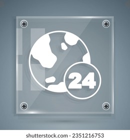 White Telephone 24 hours support icon isolated on grey background. All-day customer support call-center. Full time call services. Square glass panels. Vector