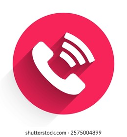 White Telephone 24 hours support icon isolated with long shadow. All-day customer support call-center. Full time call services. Red circle button. Vector