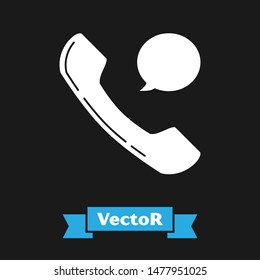 White Telephone handset and speech bubble chat icon isolated on black background. Phone sign.  Vector Illustration