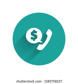 White Telephone handset and speech bubble chat icon isolated with long shadow. Phone sign. Green circle button. Vector Illustration
