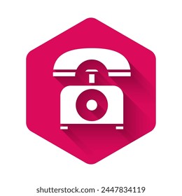 White Telephone icon isolated with long shadow. Landline phone. Pink hexagon button. Vector Illustration