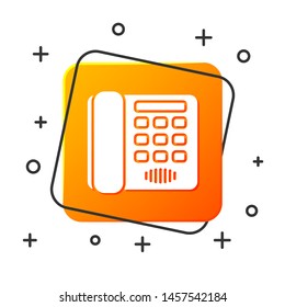 White Telephone icon isolated on white background. Landline phone. Orange square button. Vector Illustration