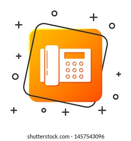 White Telephone icon isolated on white background. Landline phone. Orange square button. Vector Illustration