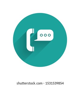White Telephone with speech bubble chat icon isolated with long shadow. Support customer service, hotline, call center, faq, maintenance. Green circle button. Vector Illustration