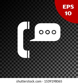 White Telephone with speech bubble chat icon isolated on transparent dark background. Support customer service, hotline, call center, faq, maintenance.  Vector Illustration