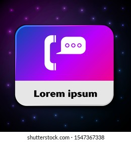 White Telephone with speech bubble chat icon isolated on black background. Support customer service, hotline, call center, faq, maintenance. Rectangle color button. Vector Illustration