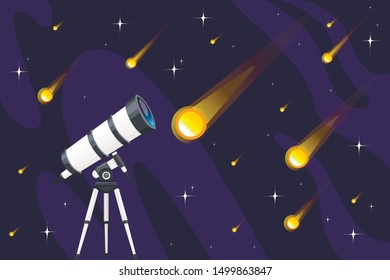White telescope and falling stars on night sky background flat vector illustration starfall design horizontal banner