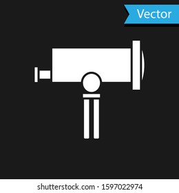 White Telescope icon isolated on black background. Scientific tool. Education and astronomy element, spyglass and study stars.  Vector Illustration